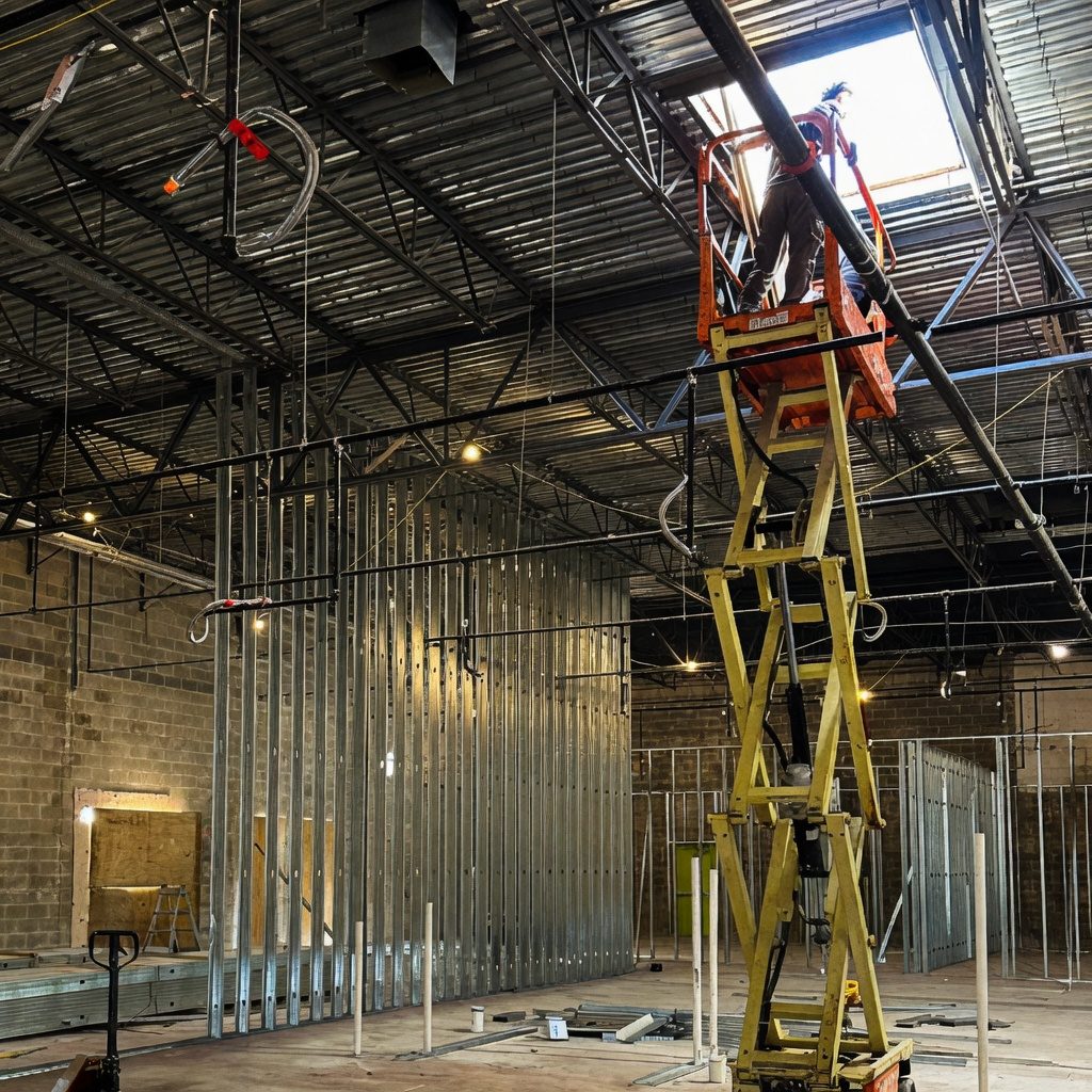 SGC Mechanical technician on a scissor lift performing commercial mechanical construction work