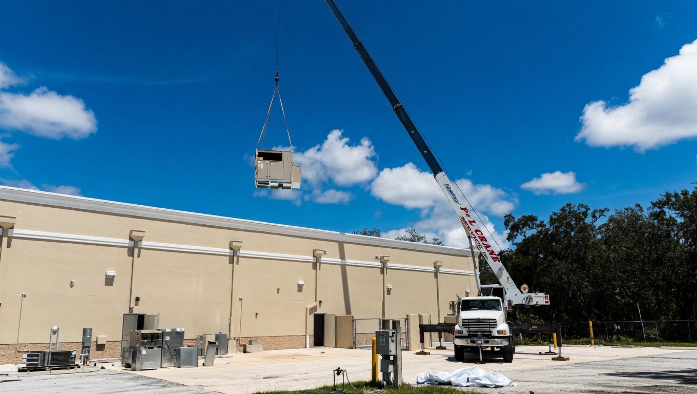 SGC Mechanical retrofit project — crane lifting a rooftop HVAC unit onto a Florida commercial building